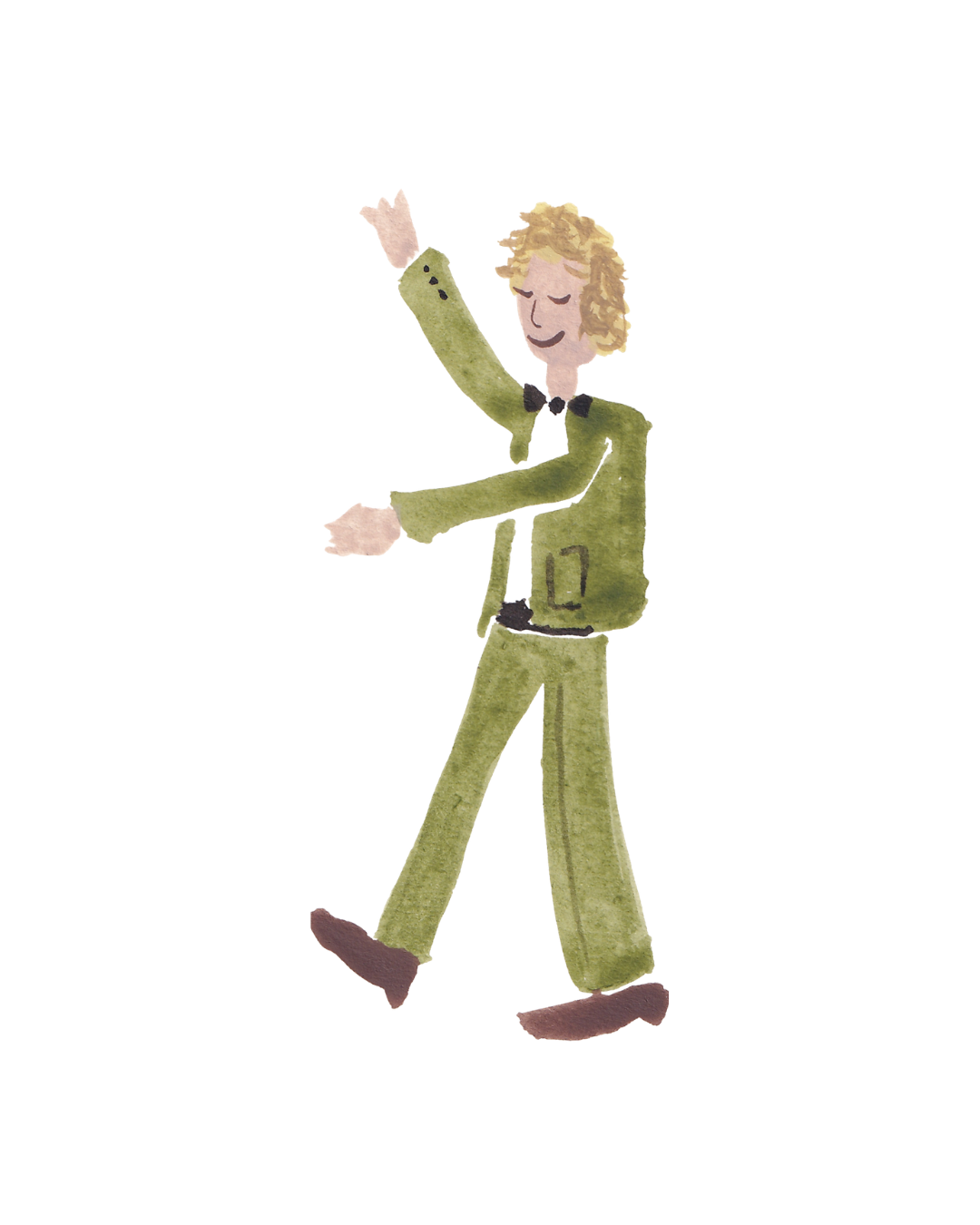 A cheerful illustrated person with curly hair wearing a green uniform with black accents, waving and smiling.