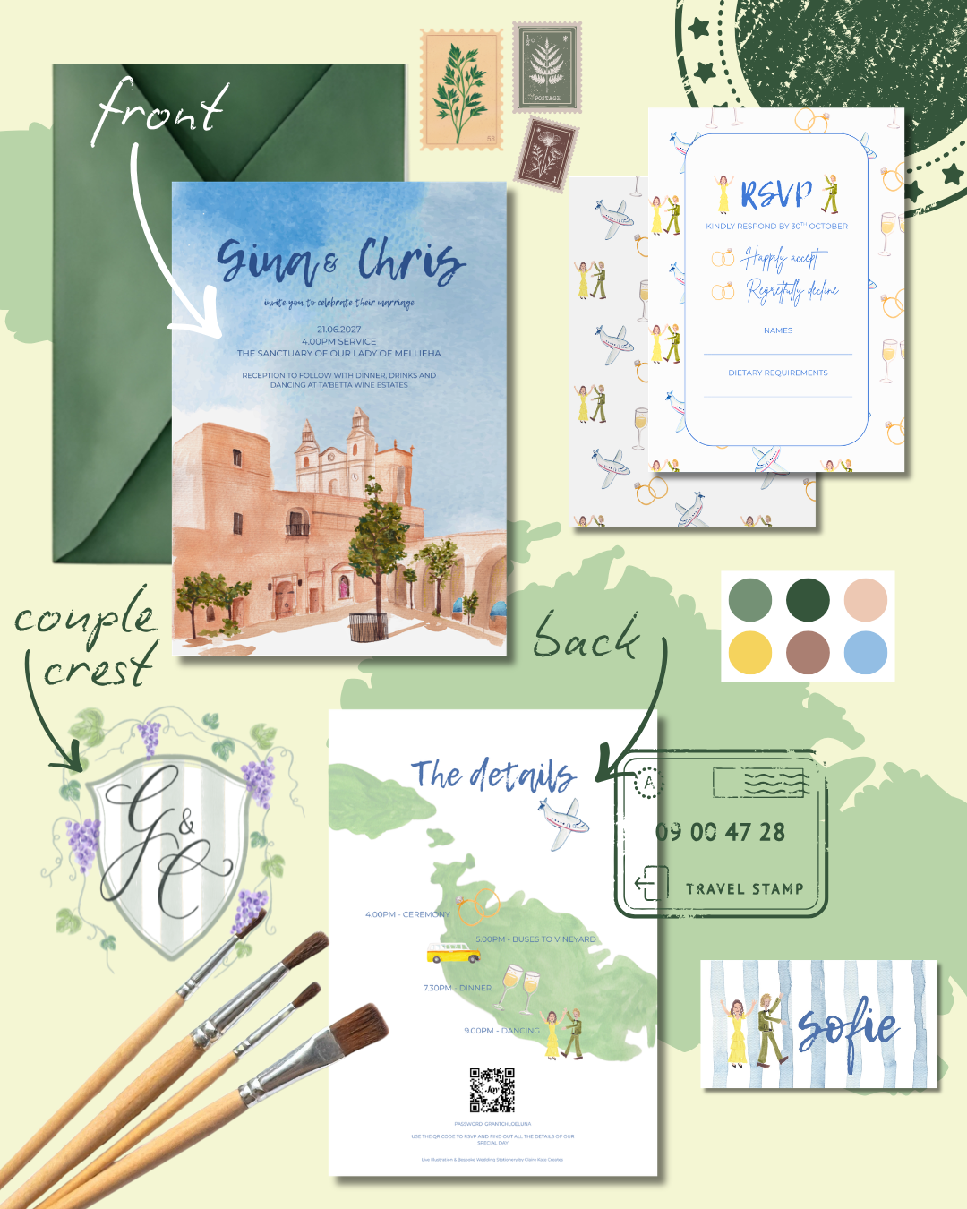 A set of wedding stationery featuring watercolor illustrations, calligraphy, and playful patterns. The main invitation displays the names 'Gi & Chris,' the ceremony details, and a watercolor building with trees. Other items include RSVP cards, details cards, a monogram crest with grapes, a travel stamp, and a name tag reading 'Sofie.' The stationery uses a color palette of green, beige, yellow, brown, and blue, with watercolor and whimsical designs, accompanied by craft brushes.