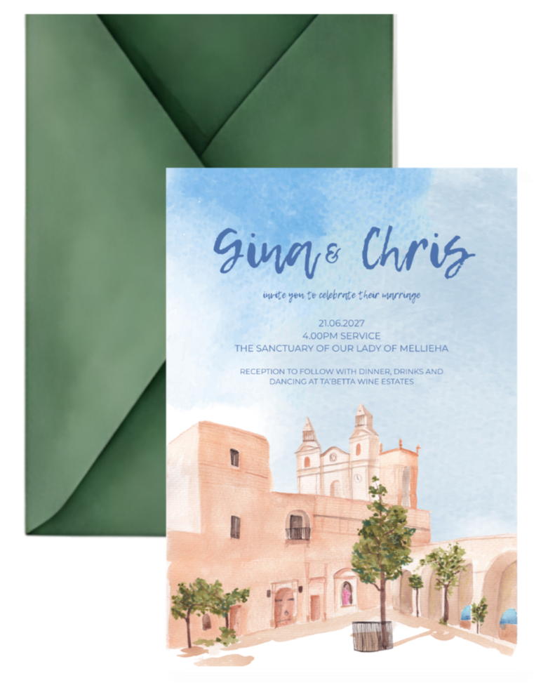 Watercolor illustrated wedding invitation featuring a historic building, trees, and blue sky, with text details of the event.