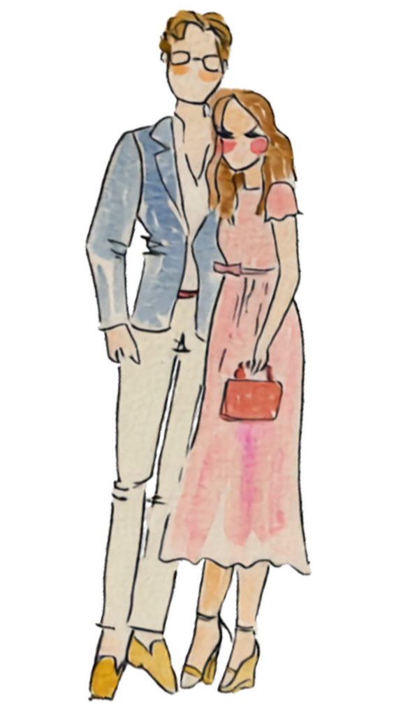 Watercolor illustration of a smiling man and woman standing close together, dressed semi-formally. The man wears glasses, a light blue blazer, white shirt, light-colored pants, and yellow shoes. The woman has long hair, blush cheeks, and is dressed in a pink dress with a bow at the waist, beige high heels, and holds a small red handbag.