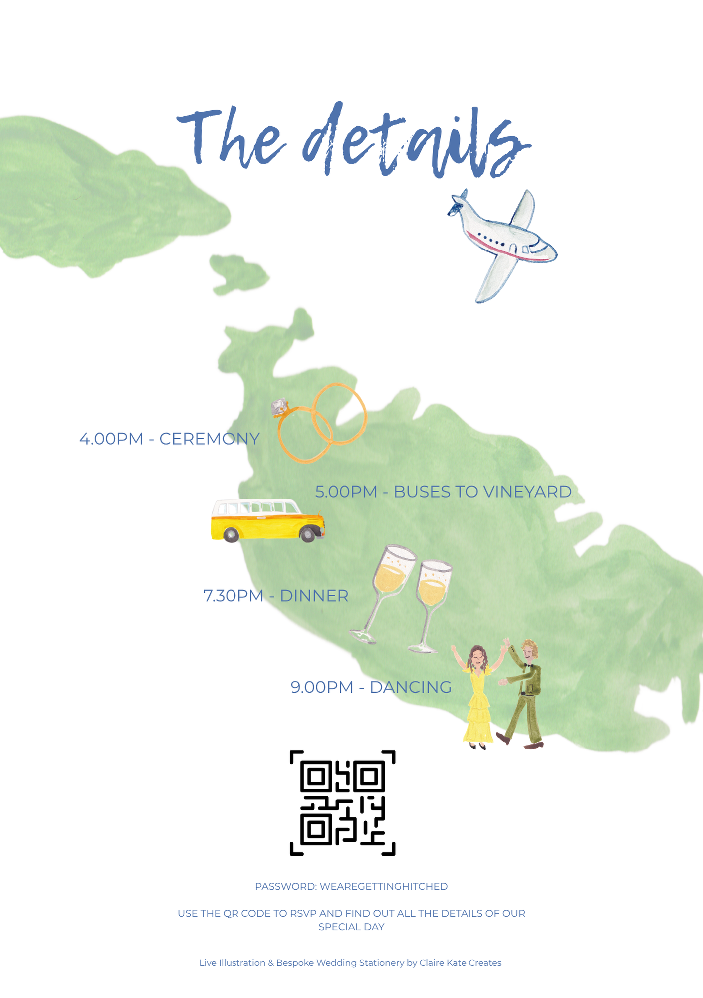 Wedding day schedule over a green map of the island, showing events from 4 PM ceremony to dancing at 9 PM, with illustrations of rings, bus, champagne glasses, and dancing couple.