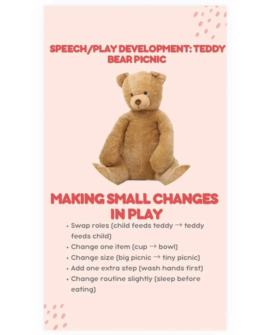 🌟 Play itself can be a goal in speech pathology, as play skills are closely linked with language and cognitive skills. We also use it for some kids with extreme rigidity to tolerate small changes. Here are some speech, language and play ideas for te
