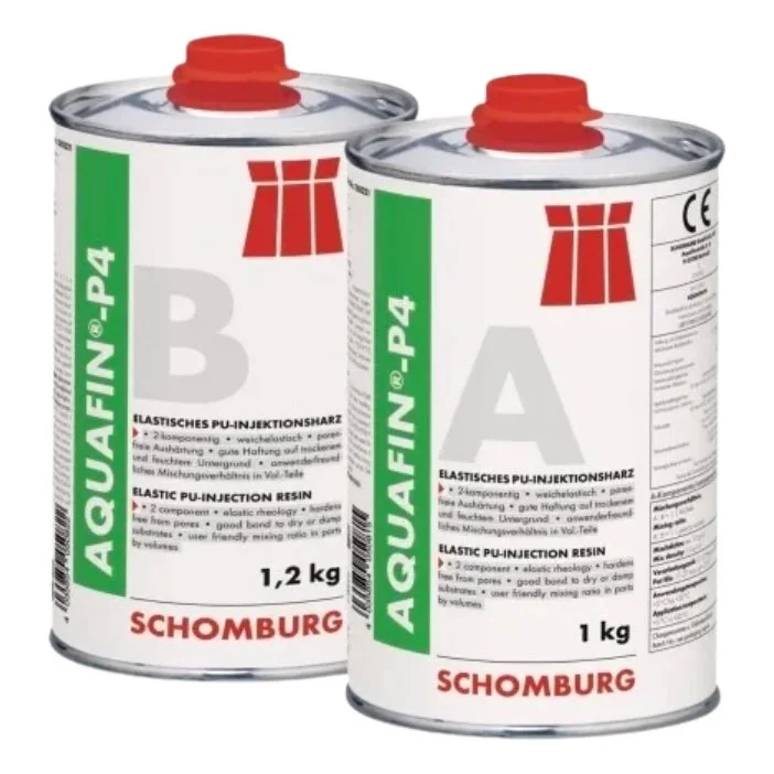 Two cans of AQUAFIN-P4 PU-injection resin from Schomburg, labeled A and B, with red caps.