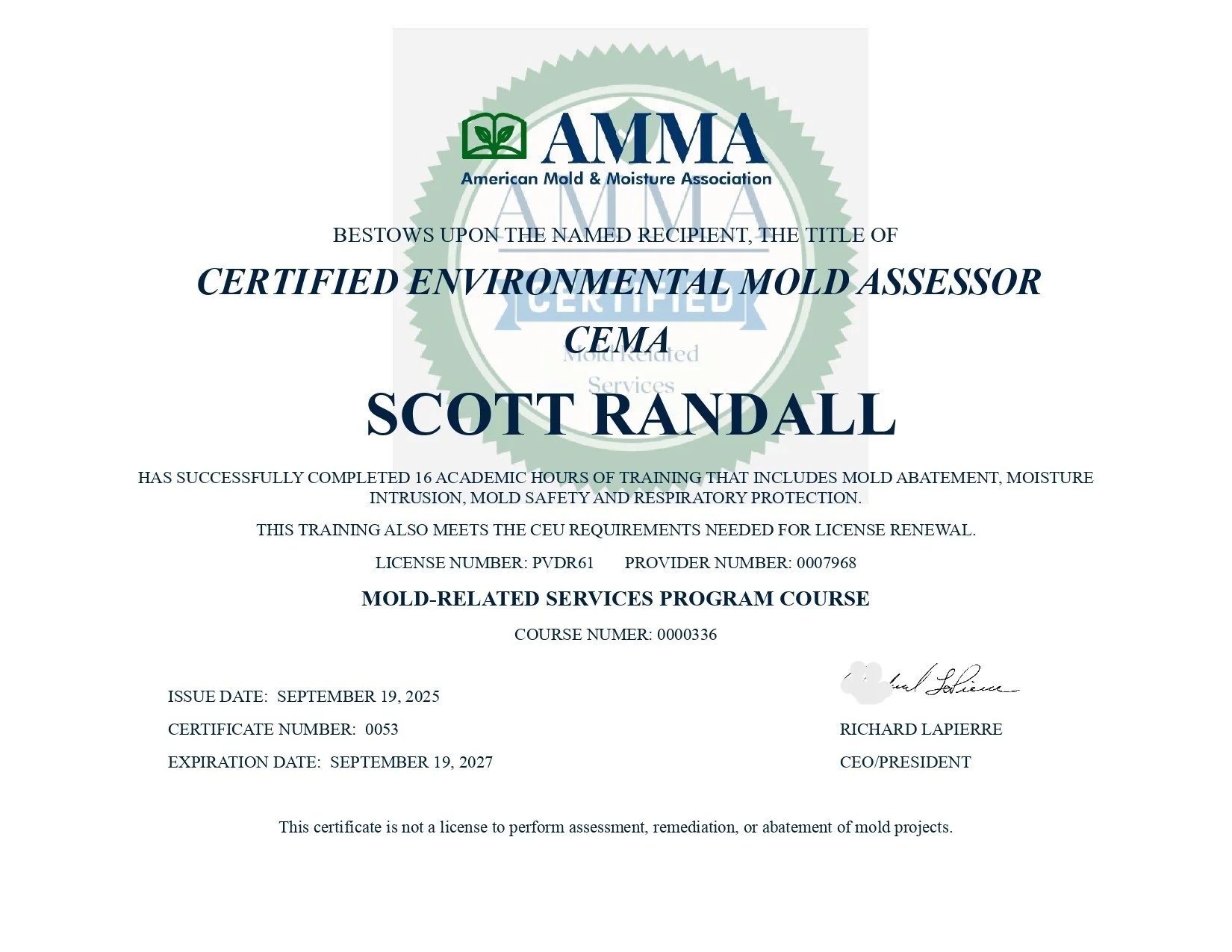 Certified Environmental Mold Assersor