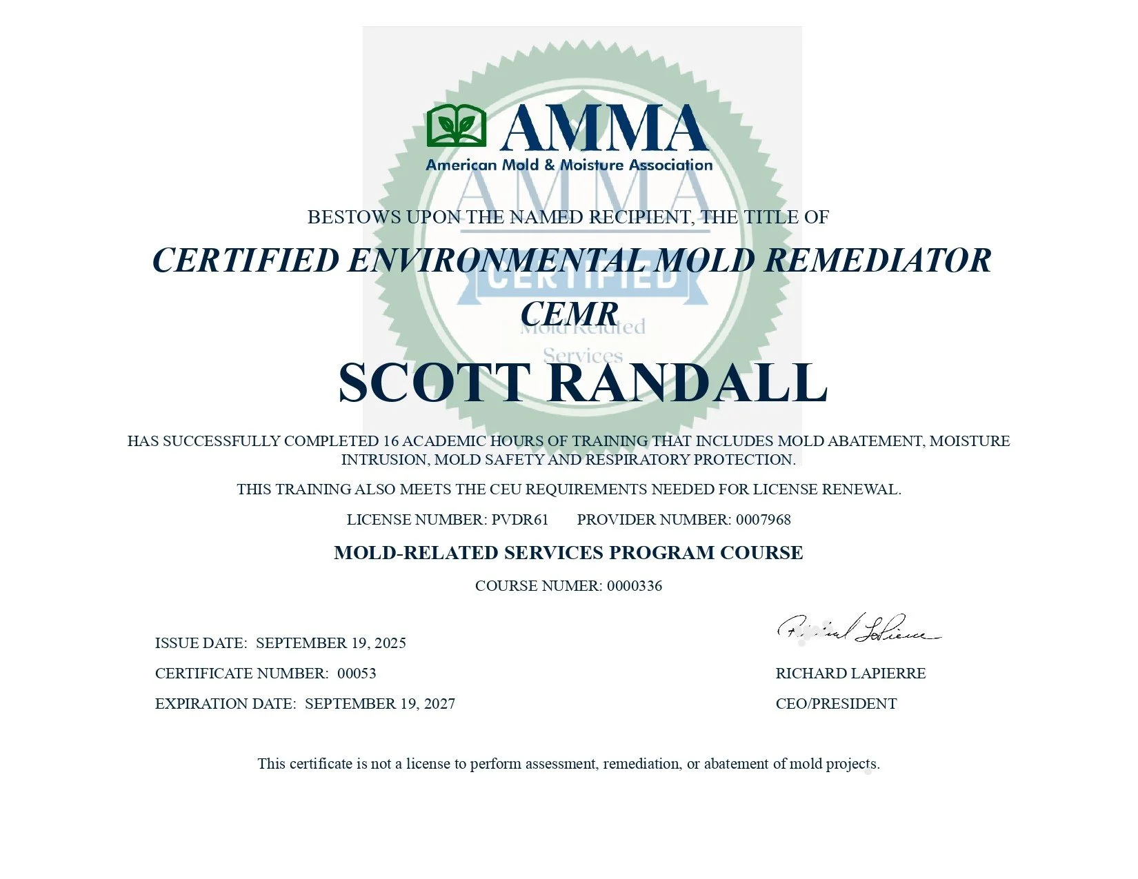 Certified Environmental Mold Remediator