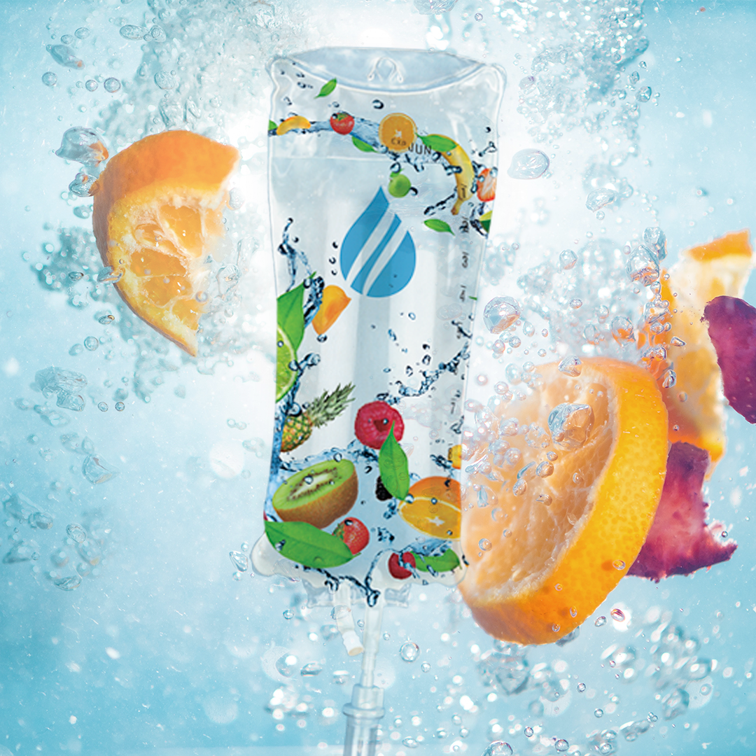 Vitamin IV bag with splashing water and fruit slices