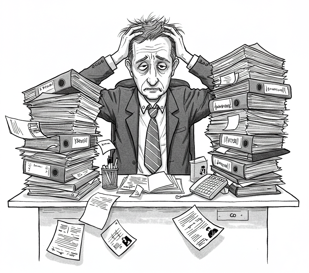 Un homme stressé assis à un bureau encombré de piles de dossiers et papiers, se tenant la tête entre les mains, portant une cravate et costume qui devra appeler a l'aide.