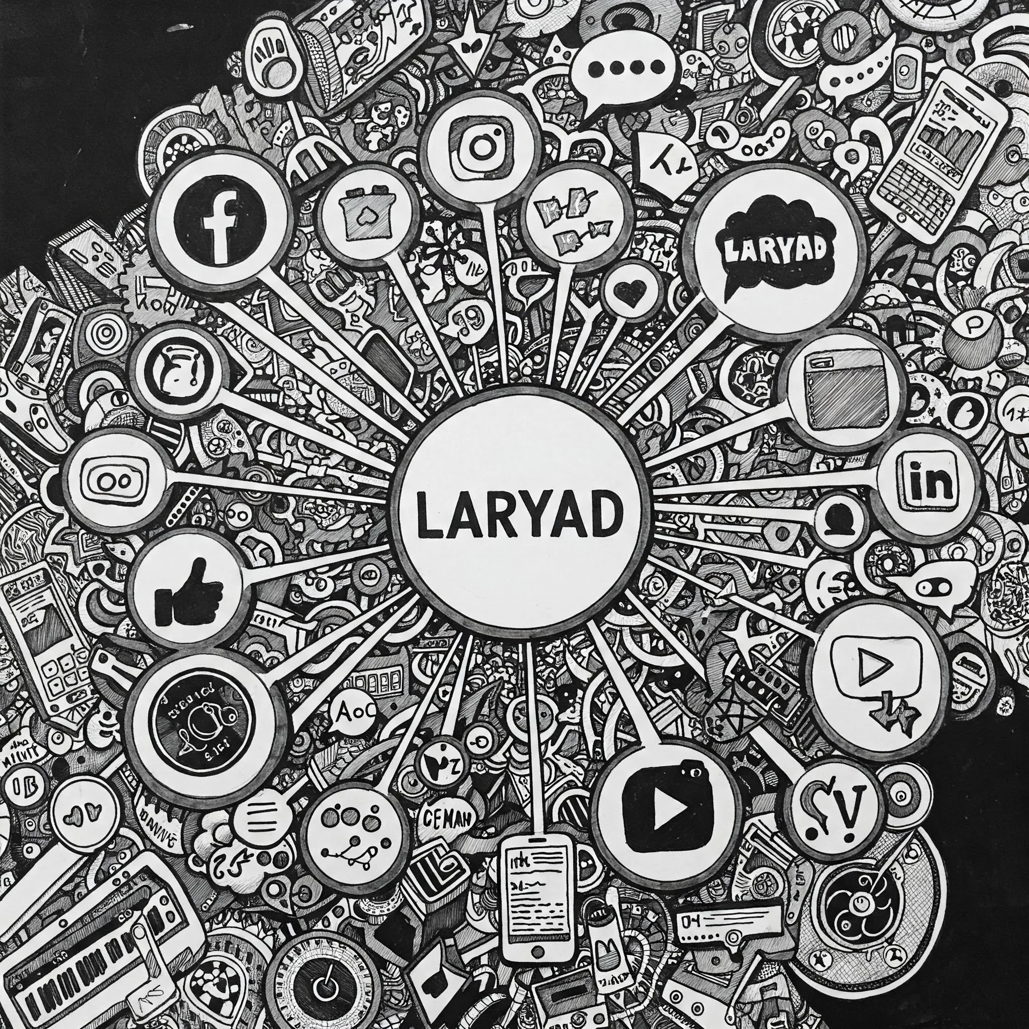 Illustration artistique en noir et blanc avec divers logos de médias sociaux entourant un cercle central marqué "LARYAD" au milieu de motifs complexes.