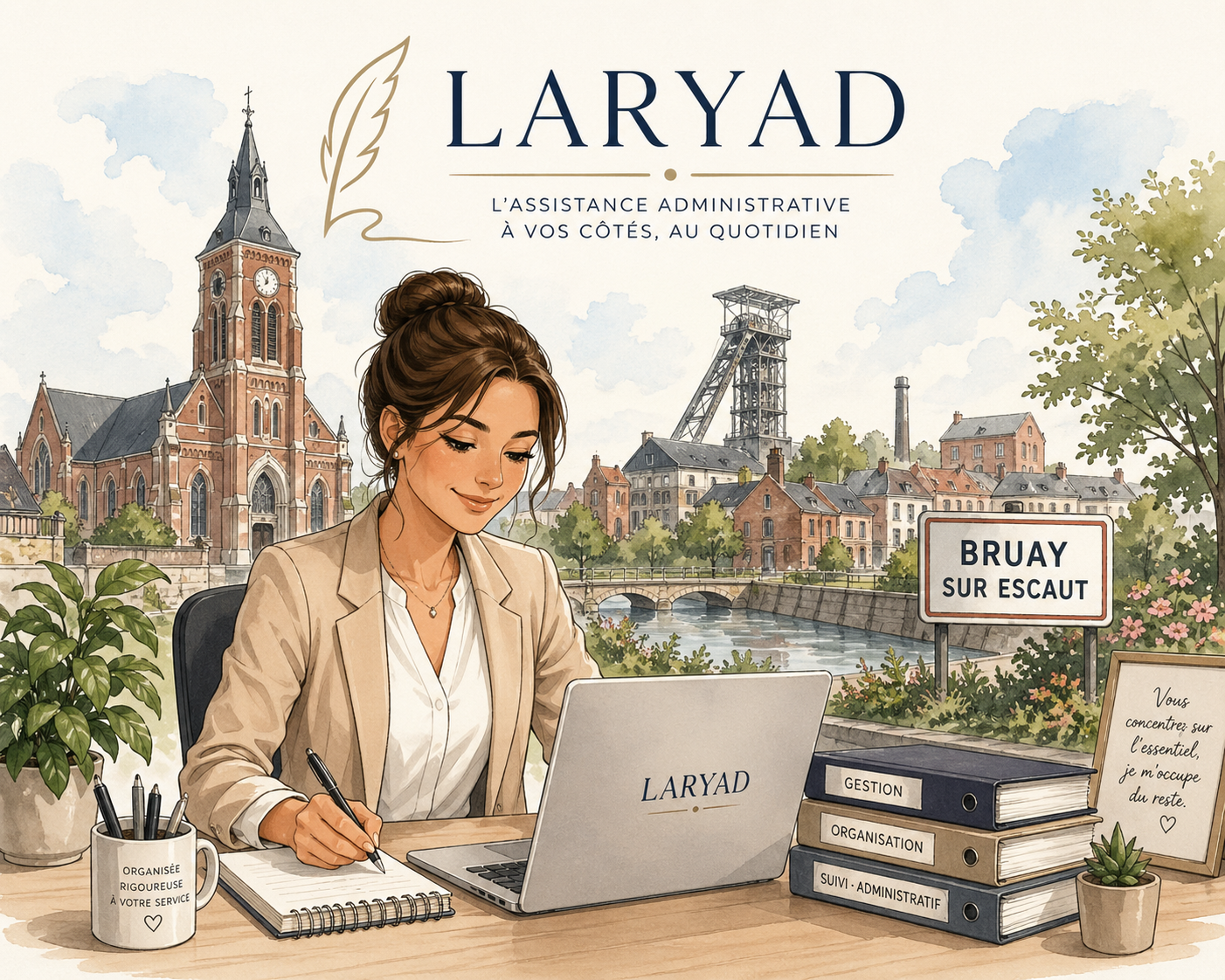 Une femme travaille à un bureau avec un ordinateur portable, des classeurs, une plante et une tasse. En arrière-plan, un paysage urbain de la ville de Bruay-sur-Escaut avec une église et une mine, sous un ciel partiellement nuageux.