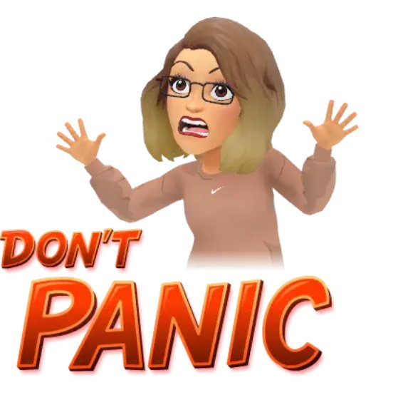 Personnage animé avec des lunettes et une expression paniquée, accompagné du texte "Don't Panic".