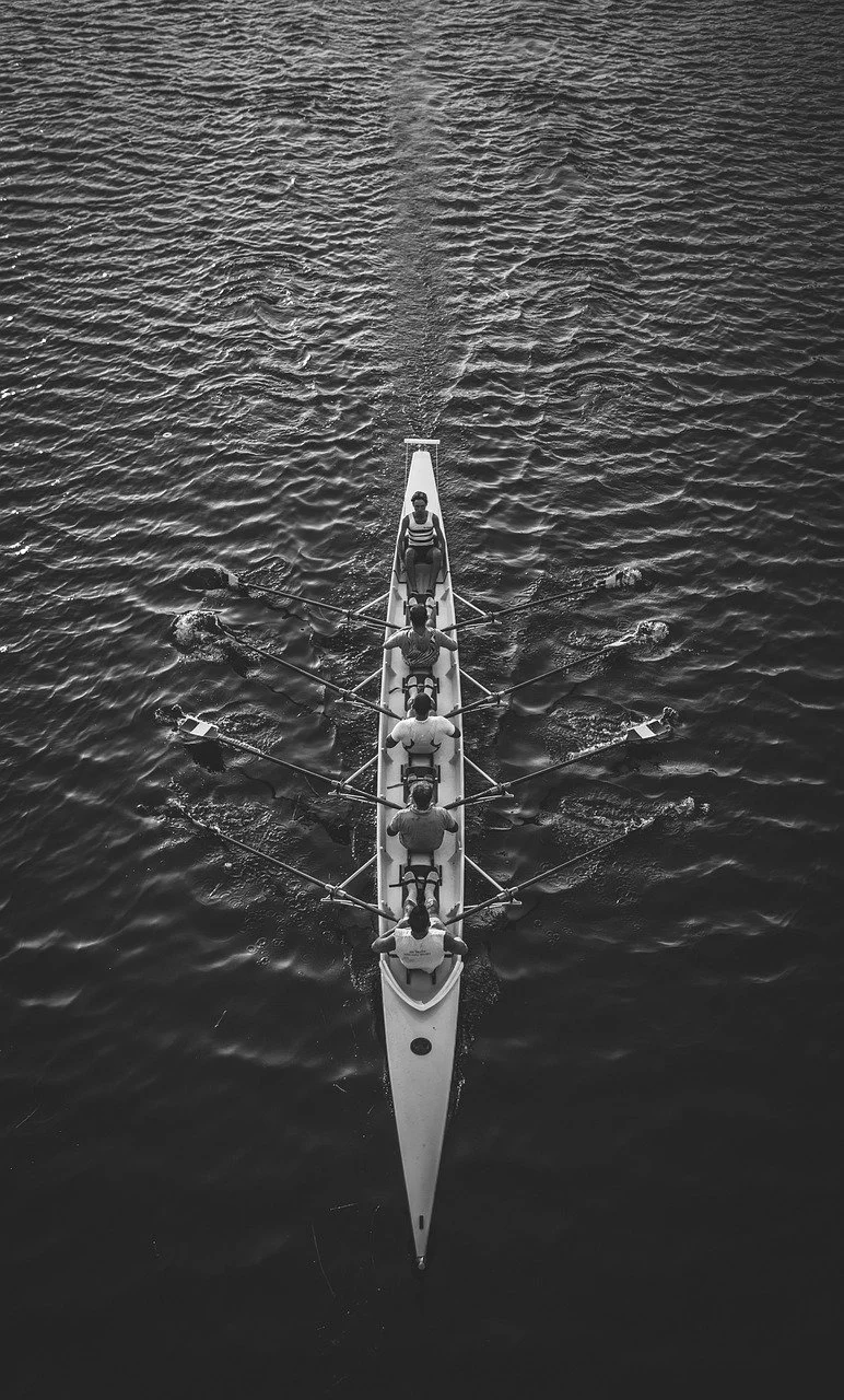 Overhead view of a rowing team in a boat, with eight rowers paddling on a calm water surface.