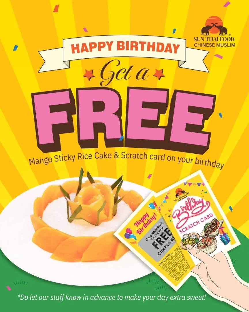 Sun Thai Food birthday free dessert ad scratch card