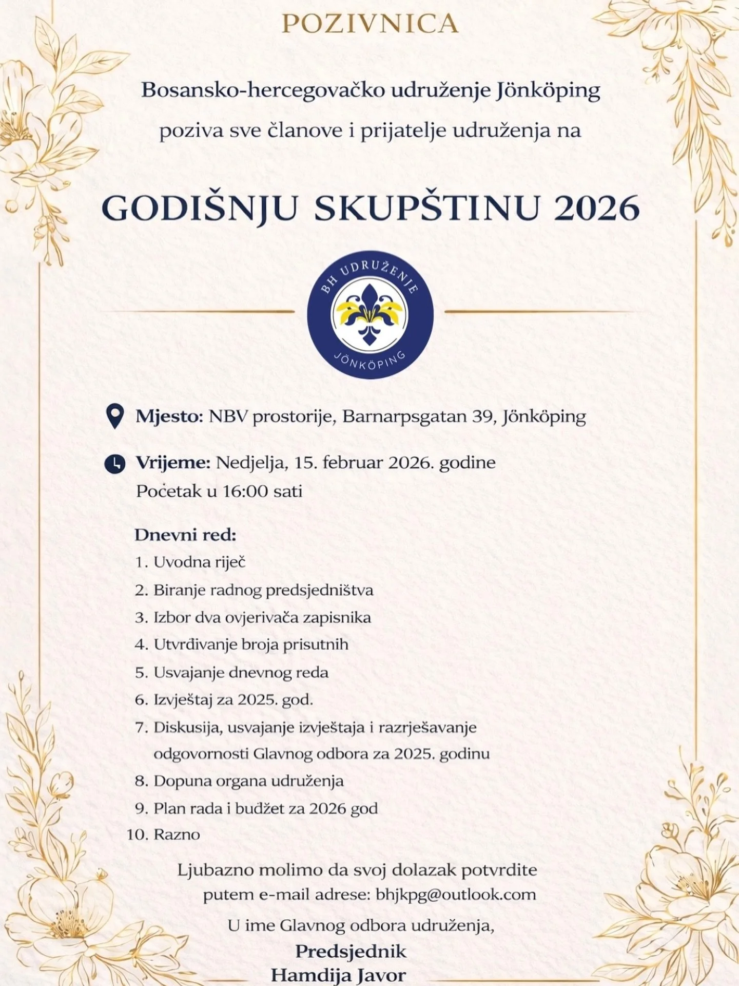 Godi&scaron;nja skupstina 15. Februar u 16.00 sati - NBV Prostorije Barnarpsgatan 39 📄