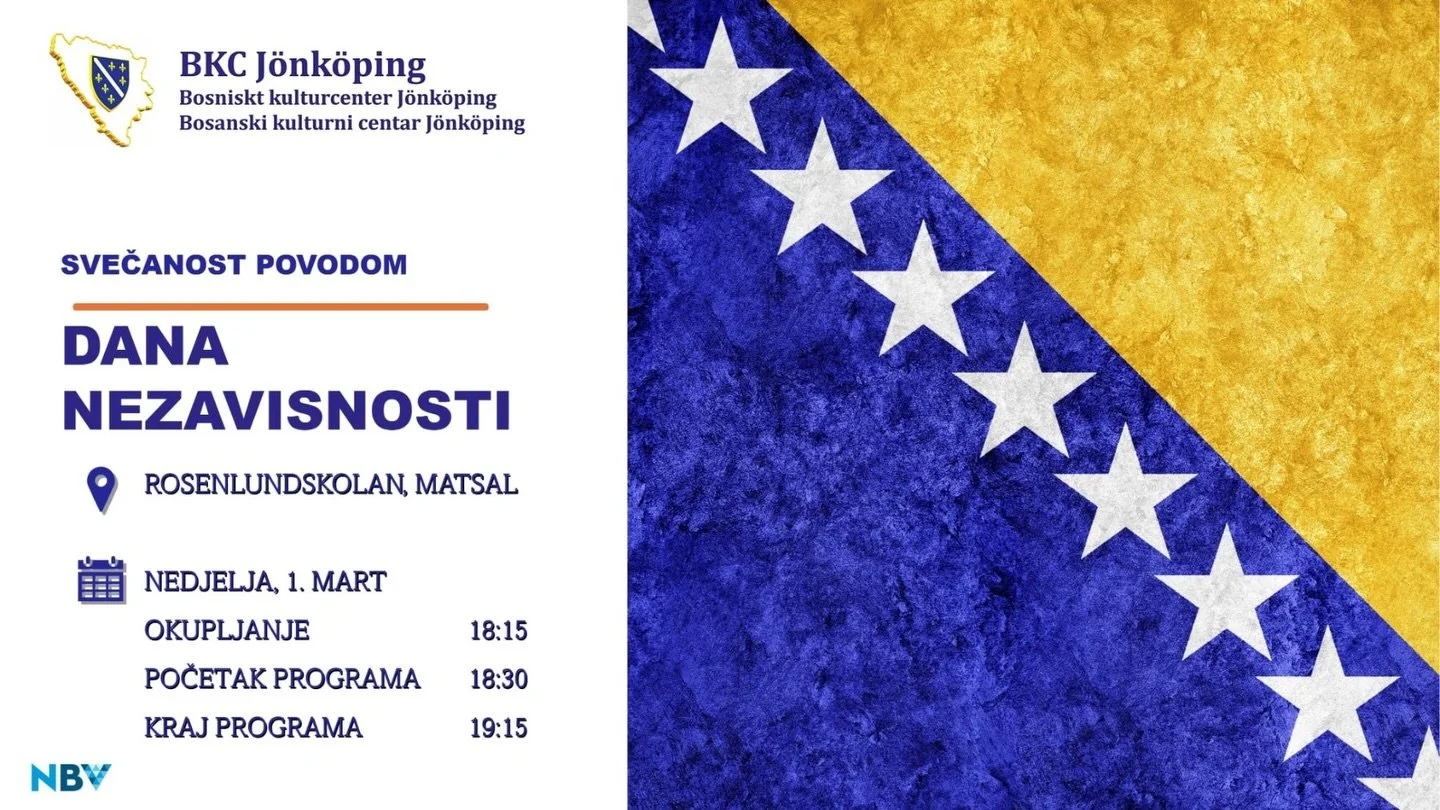 Obilježimo zajedno Dan nezavisnosti BiH! 🇧🇦
📍 Roselundskolan, matsal
Nedjelja, 1. mart
Dobro nam do&scaron;li!