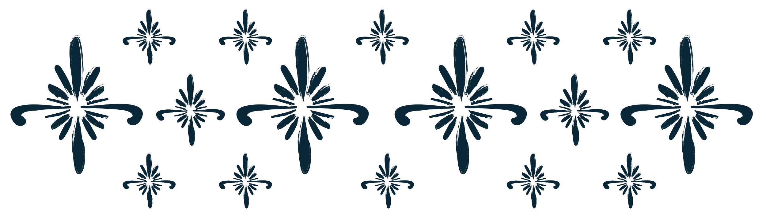 Motivo decorativo con elementi stilizzati e ornamenti floreali in colore blu su sfondo trasparente.