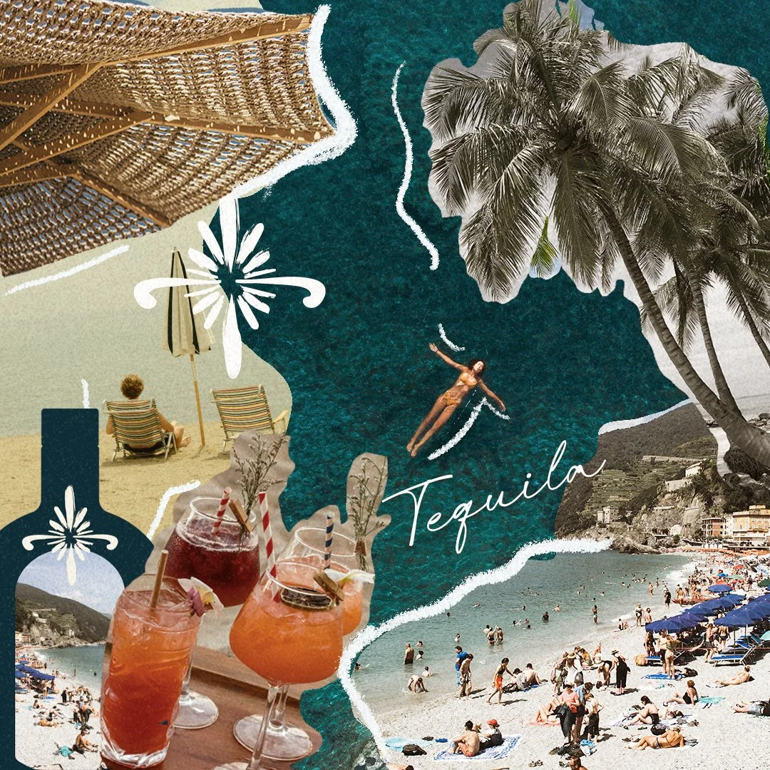 Un collage di immagini di una spiaggia affollata, palme, bevande con cocktail, persone che nuotano e si rilassano, e una donna che sta flottando in acqua, con elementi illustrativi che richiamano il Messico e la tequila.