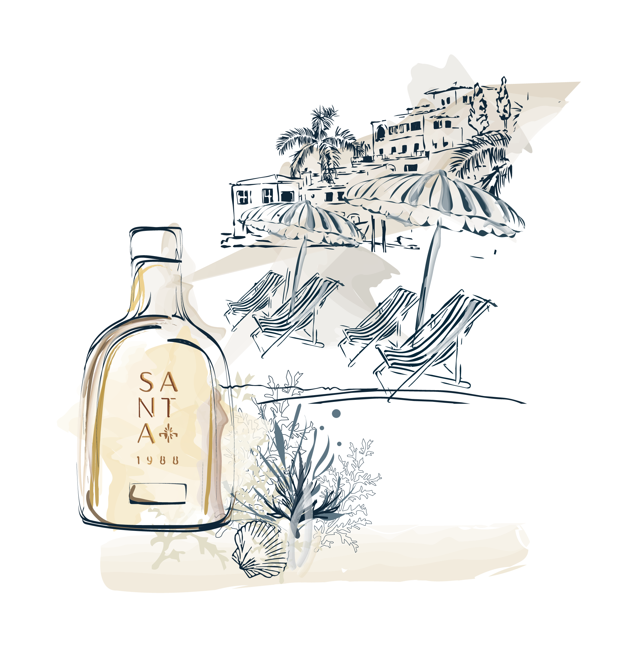 Una bottiglia di champagne con la scritta 'SA NTA' e un numero 1, con uno sfondo di tende e ombrelloni sulla spiaggia.