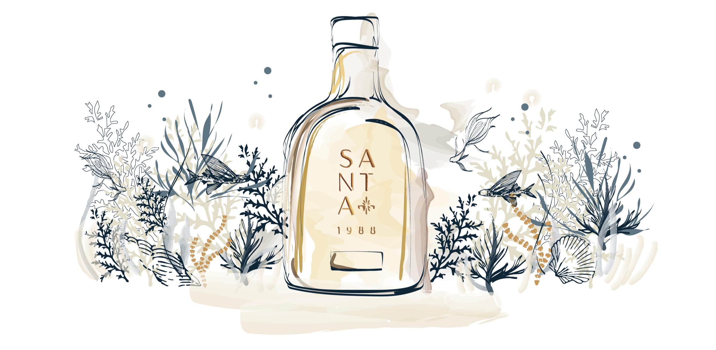 Una bottiglia di tequila con il marchio SANTA 1988, circondata da piante e fiori stilizzati in stile acquerello, su un piano caldo beige