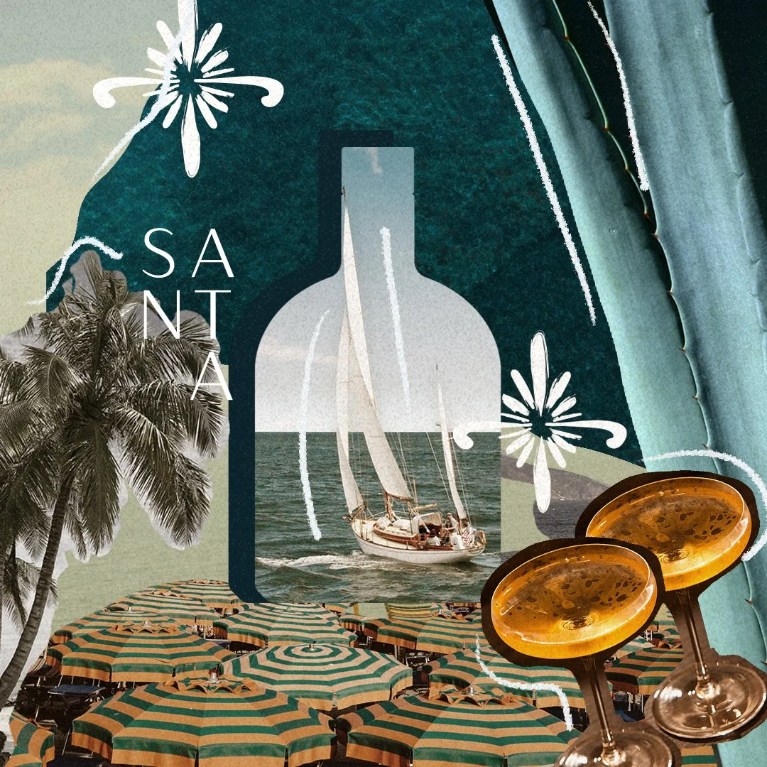 Immagine collage con elementi di spiaggia, palme e ombrelloni, con un vetro di cocktail, un'illustrazione di una bottiglia e una barca a vela sul mare.