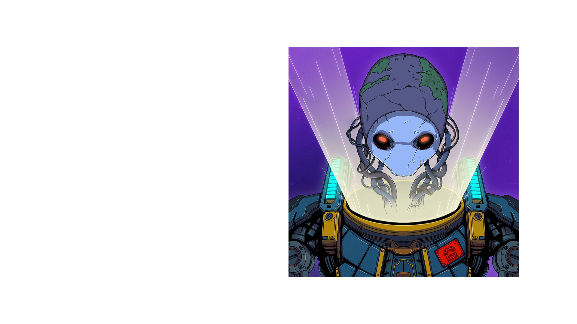 An illustration of a robotic astronaut with a display of Earth on its head, glowing eyes, and a space suit with a red badge reading 'Lunar Nexus'.