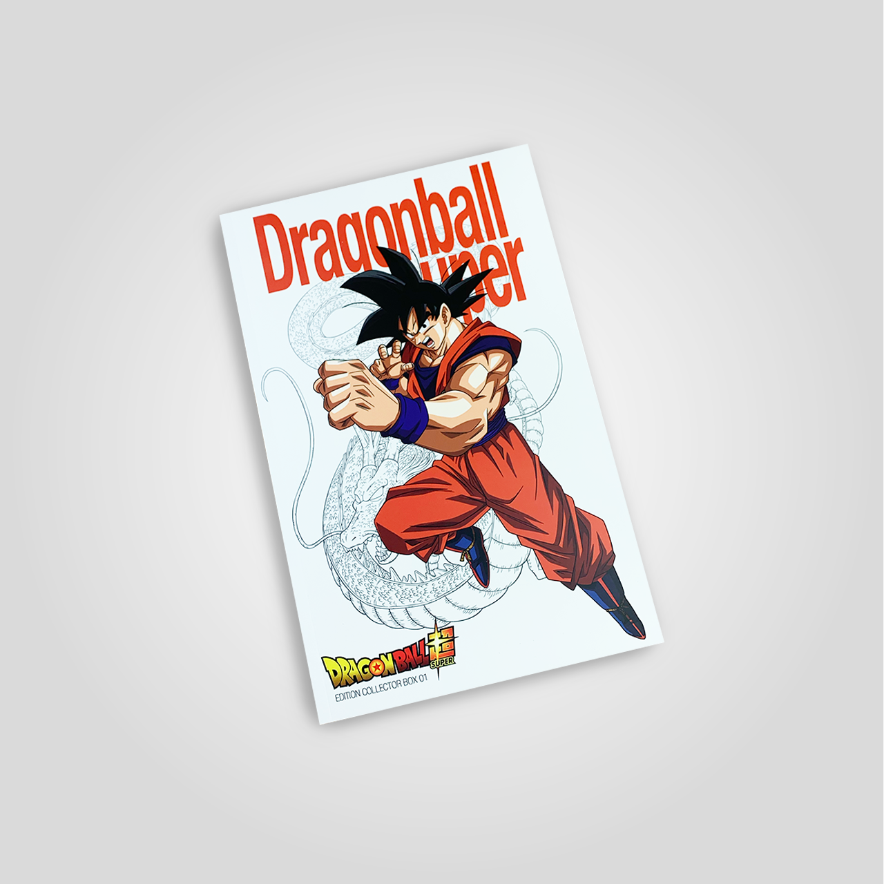 Une couverture de magazine avec un personnage de l'anime Dragon Ball Super en position de combat, portant une tenue orange et des chaussures noires. Le titre 'Dragonball Fighter' est écrit en rouge en haut, et le logo de Dragon Ball Super en bas à gauche.