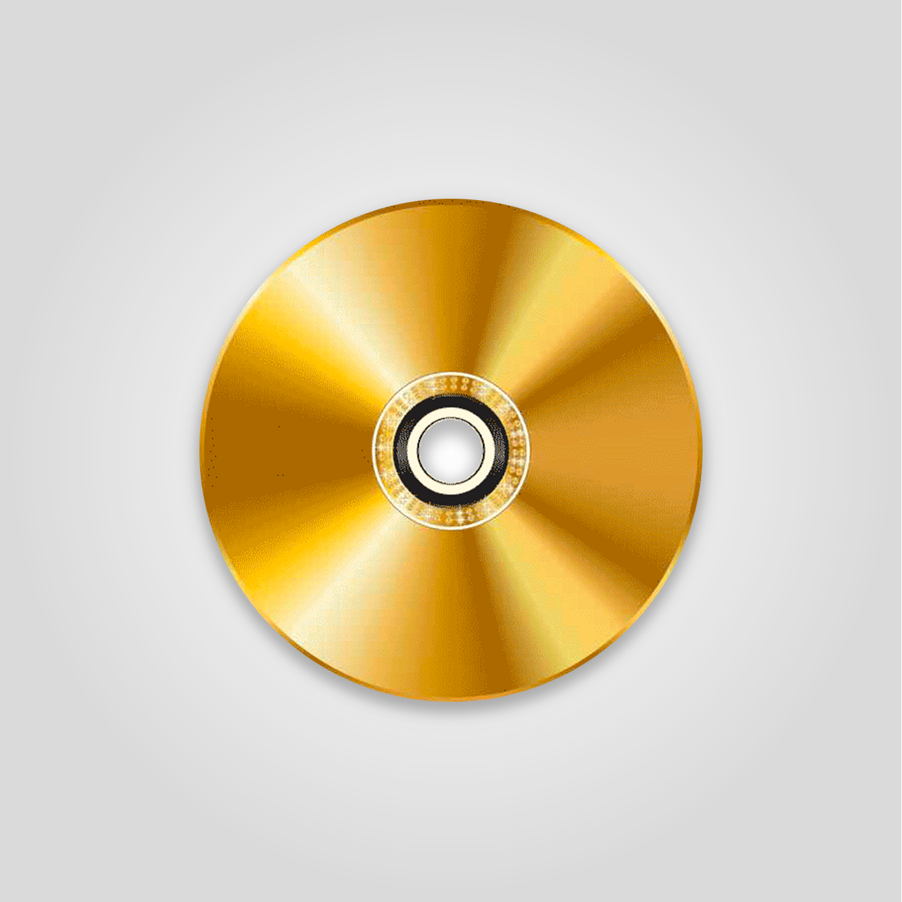 Un disque en or brillant avec un centre blanc et noir, posé sur un fond gris clair.