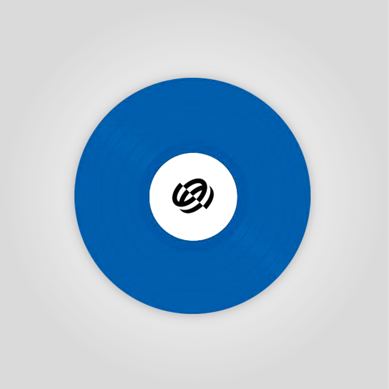 Disque bleu avec un logo noir et blanc au centre