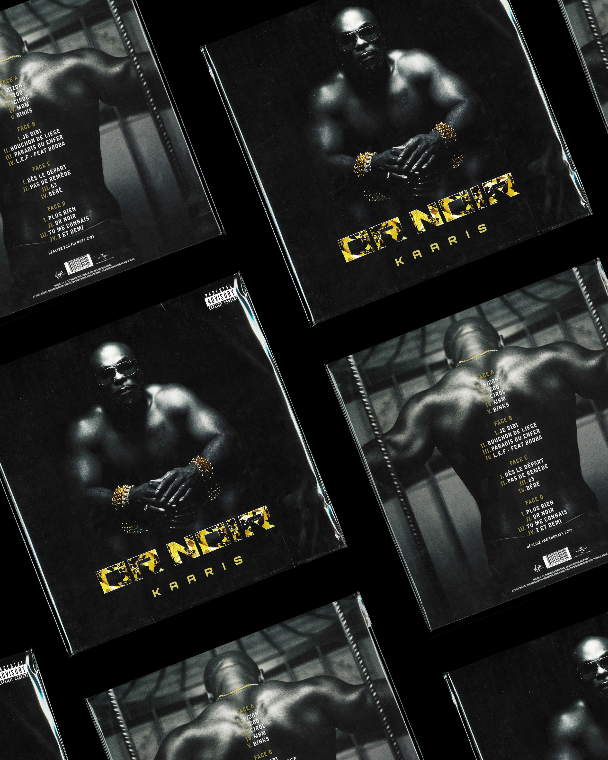 Couverture d'album de musique avec un homme musclé sans chemise, portant des bracelets en or, vu de dos ou de face avec des lunettes de soleil, dans une ambiance sombre, titre 'GRENZER' et 'KARIS' en lettres dorées.