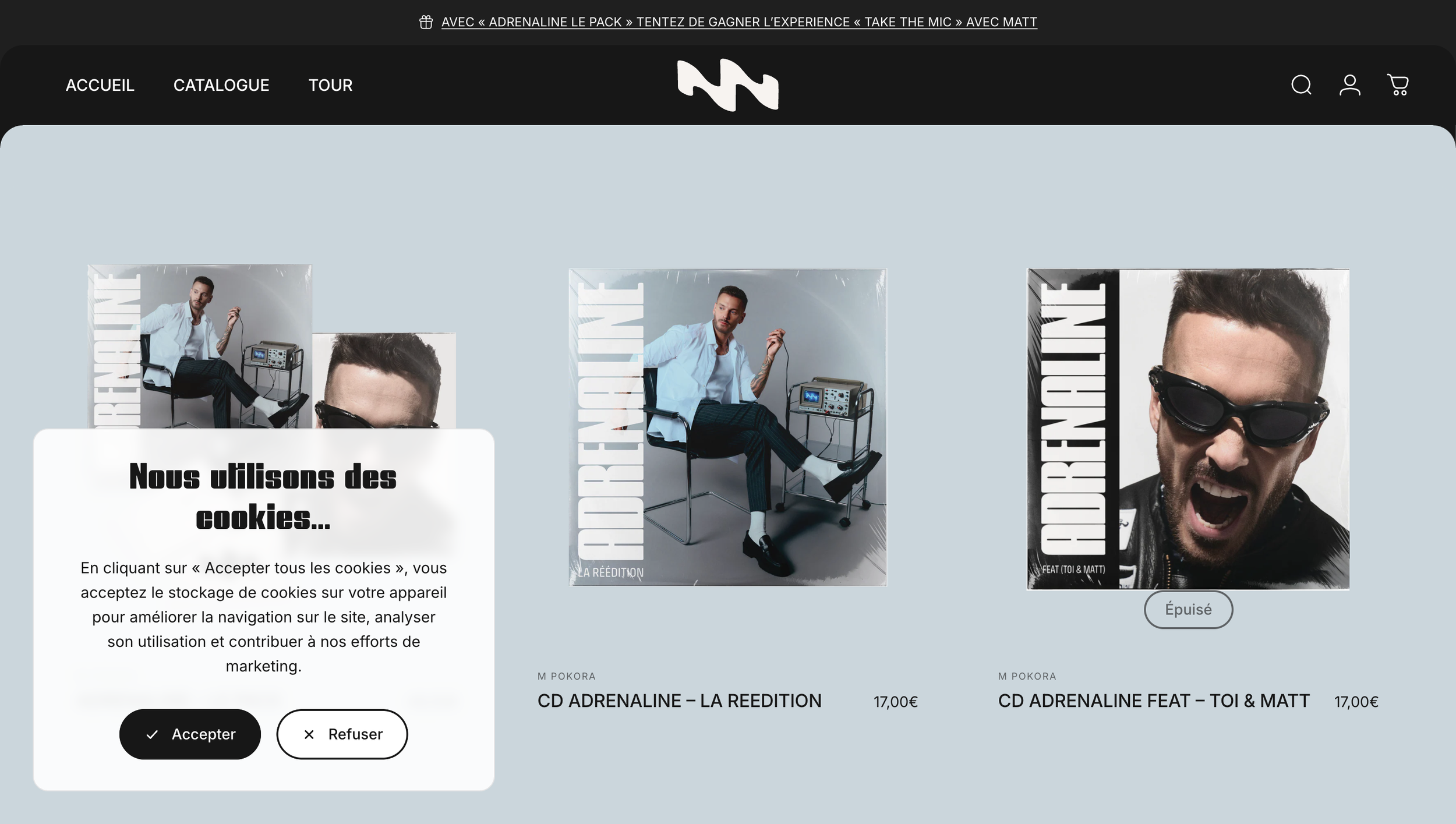 Page d'accueil d'un site de musique ou de vente de CD. Affichage de deux albums : 'La Reédition' et 'Toi & Matt' par l'artiste M Pokora, avec décrit comme épuisé diponible à 17€. Une fenêtre contextuelle indique l'utilisation de cookies sur le site.