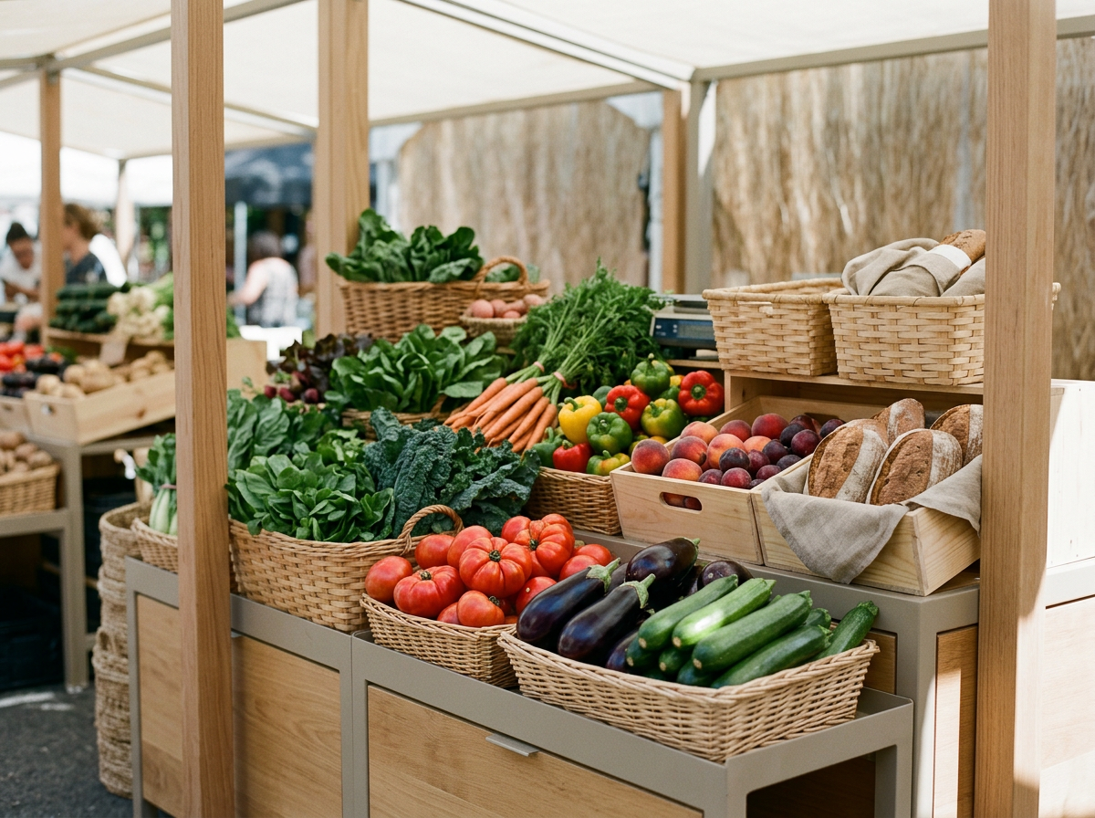 Fresh vegetables and fruits arranged in baskets at an outdoor market stall.