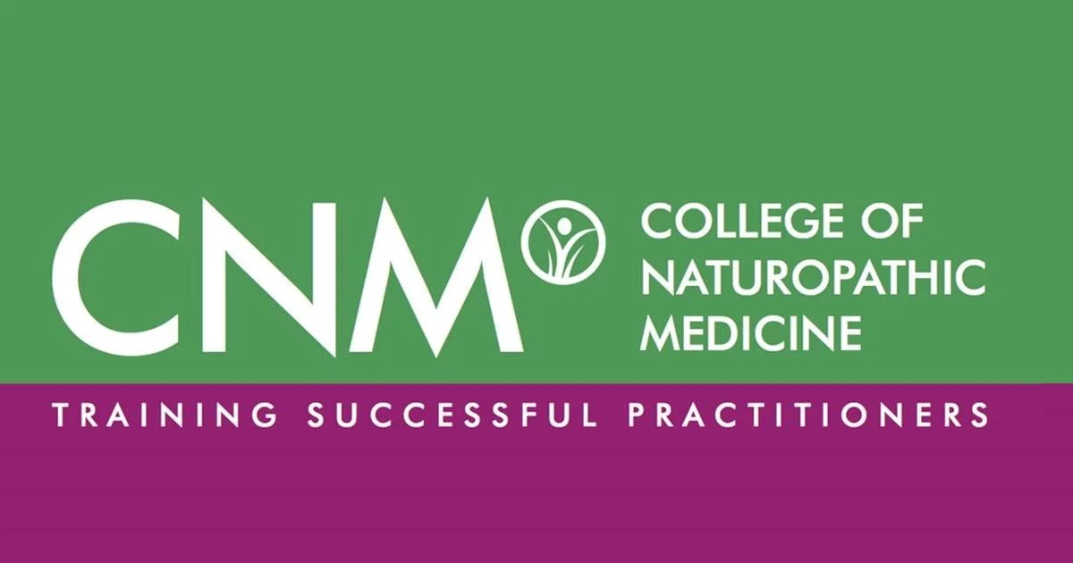 Logo of the College of Naturopathic Medicine with green and purple background, featuring a circular emblem with a plant and figure, and the text 'CNM College of Naturopathic Medicine' and 'Training Successful Practitioners'.