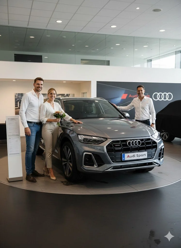 Trois personnes posent avec une voiture Audi Sport dans une salle d'exposition, deux hommes et une femme, celle-ci tenant un bouquet de fleurs.