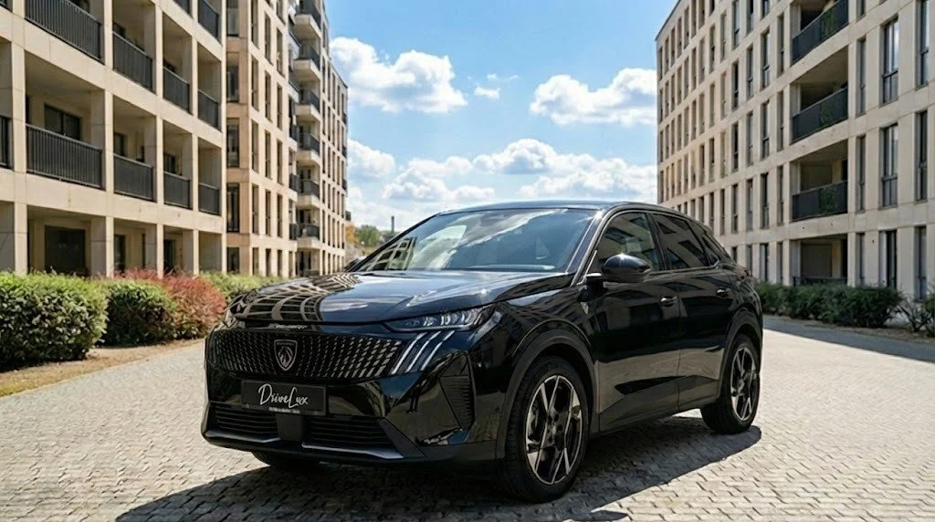 Une voiture noire stationnée entre deux immeubles résidentiels sous un ciel en partie nuageux.