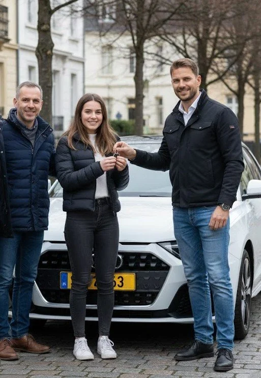 Trois personnes debout devant une voiture blanche, une femme reçoit des clés d'un homme.