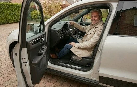 Un homme souriant assis dans le siège conducteur d'une voiture blanche avec la porte ouverte, en extérieur sur une surface pavée.