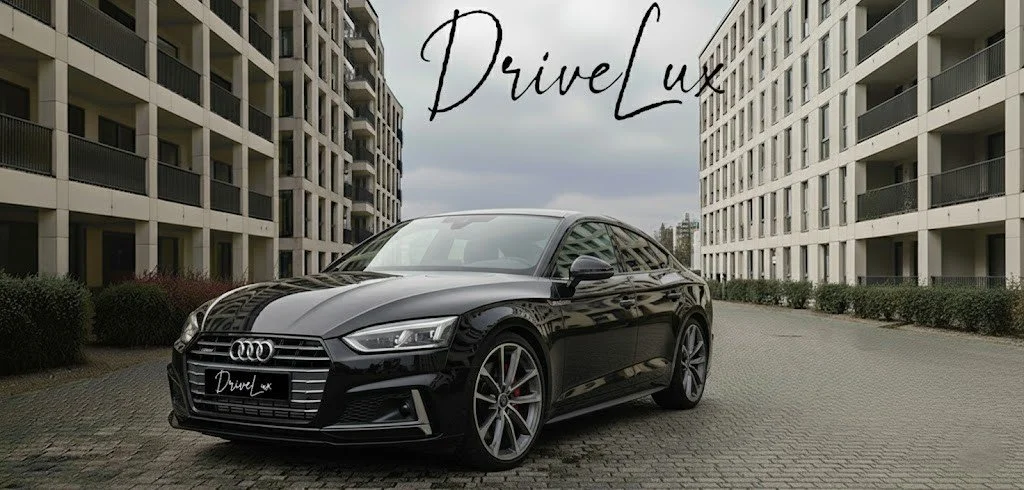Une voiture noire de luxe Audi stationnée entre deux immeubles résidentiels modernes, avec le texte "DriveLux" en haut.
