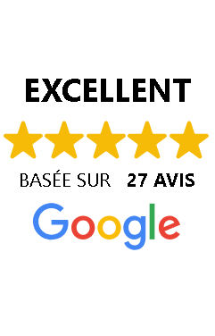 Évaluation 5 étoiles avec le mot 'EXCELLENT', basé sur 27 avis, avec le logo Google.