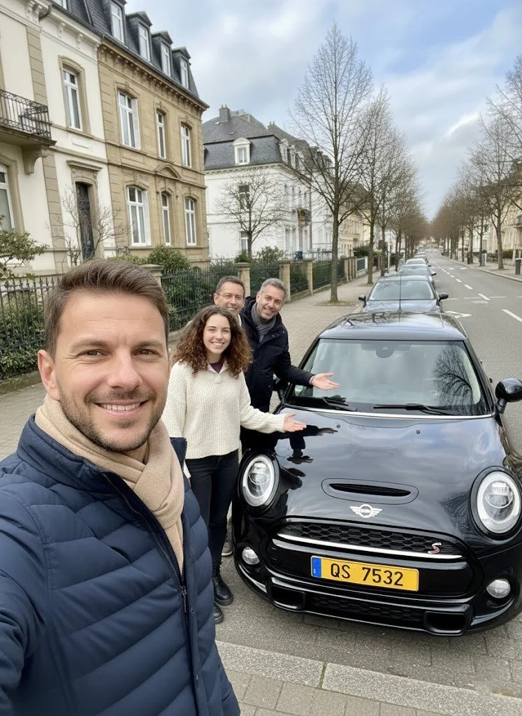 Groupe de quatre personnes souriantes posant devant une voiture Mini Cooper noire sur une rue résidentielle.
