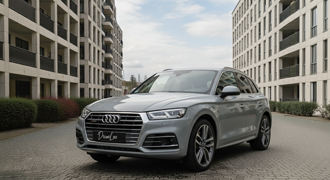 Voiture Audi grise stationnée sur un parking entre des immeubles résidentiels