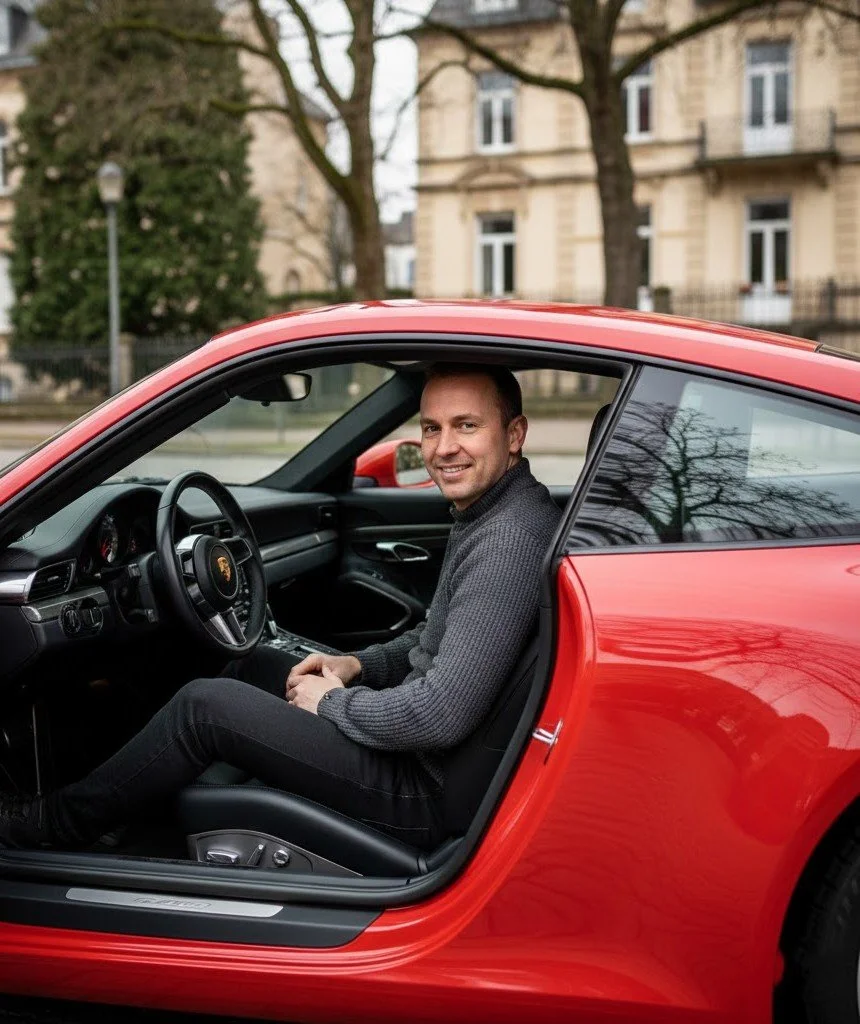 Un homme souriant assis dans le siège conducteur d'une voiture rouge de luxe, probablement une Porsche, dans une rue urbaine avec des bâtiments et des arbres en arrière-plan.