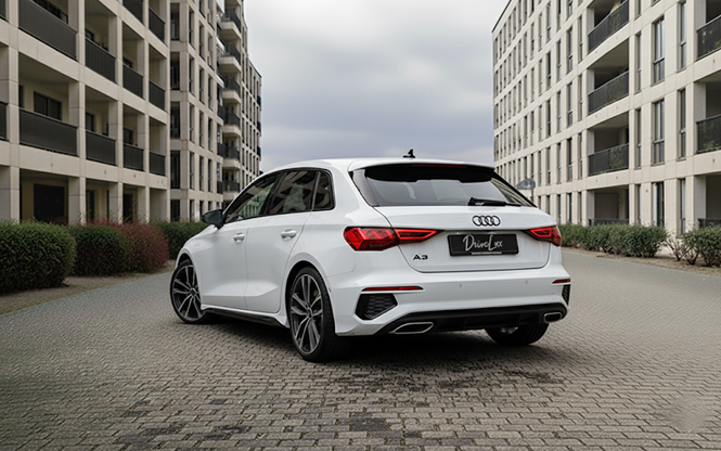 Voiture blanche Audi A3 stationnée entre deux immeubles résidentiels modernes.