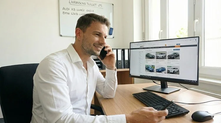 Matthieu Mougenot livrant un véhicule importé clé en main à un client à Luxembourg - DriveLux mandataire automobile