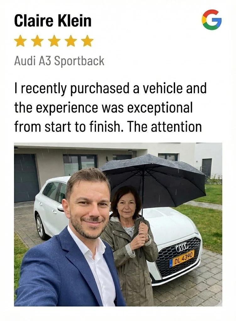 Un homme et une femme posant devant une voiture Audi blanche, sous une pluie, l'homme prend une selfie, la femme tient un parapluie noir.