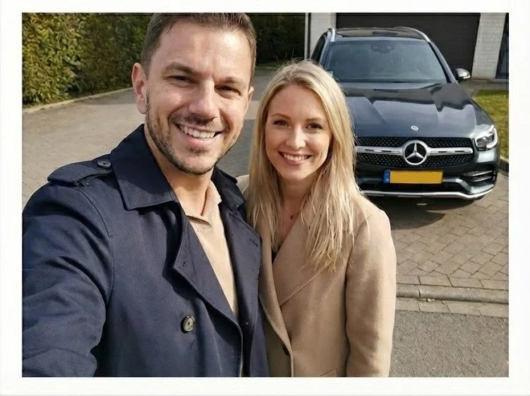 Un homme et une femme souriants prenant un selfie devant une voiture Mercedes noire en stationnement, dans un environnement résidentiel avec des arbres et un trottoir.