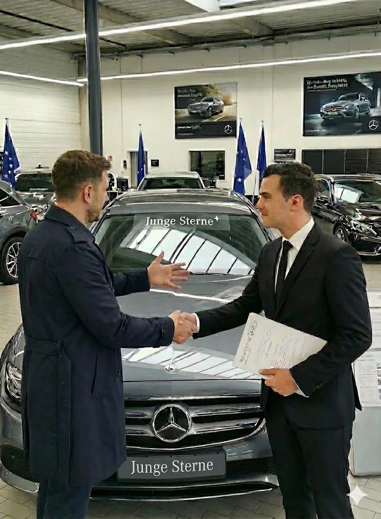 Deux hommes en costume lors d'une réunion ou d'une négociation dans un bureau, avec un ordinateur portable et des documents sur la table.