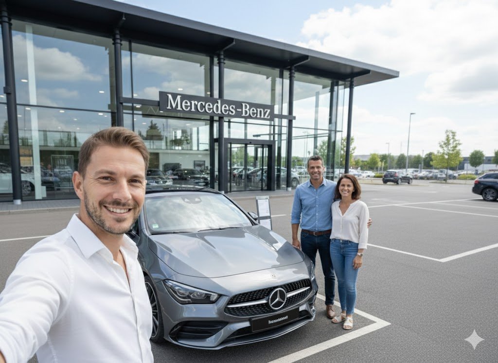 Trois personnes souriantes prennent une photo devant une voiture Mercedes-Benz devant un concessionnaire Mercedes-Benz