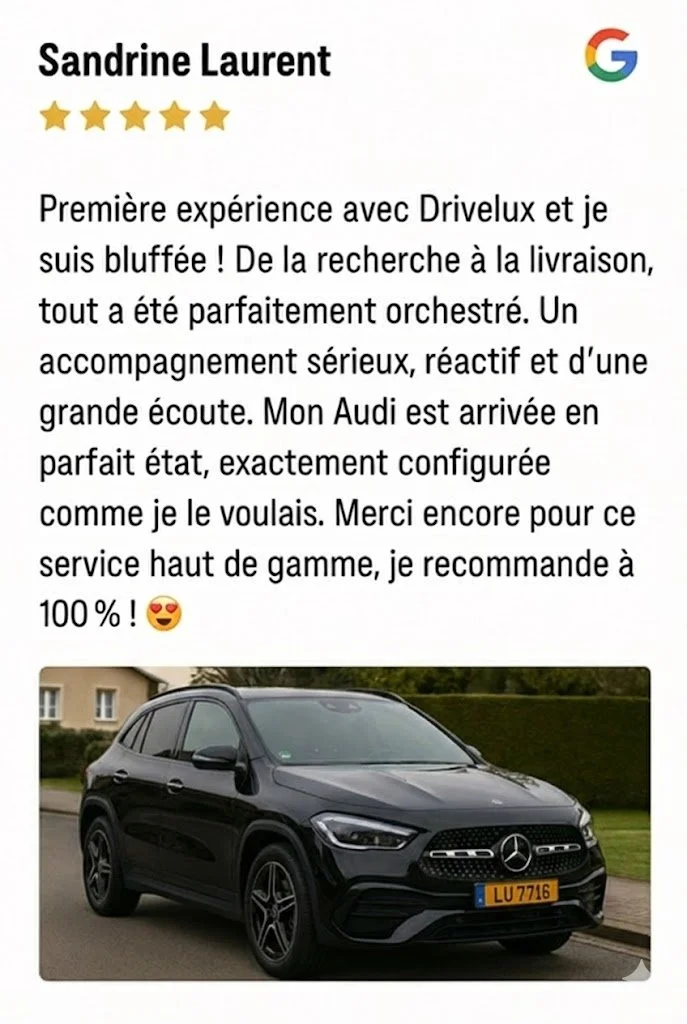 Avis positif d'un client nommé Sandrine Laurent concernant une expérience avec une Audi, accompagnée d'une photo d'une voiture noire Mercedes-Benz