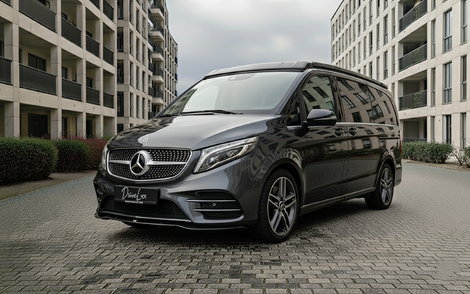 Voiture noire Mercedes-Benz sur le tarmac avec un jet privé en arrière-plan.