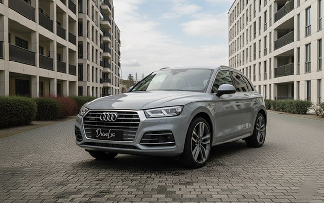 Voiture Audi grise garée sur une place pavée entre des immeubles résidentiels modernes.