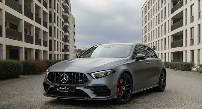 Voiture Mercedes-Benz grise stationnée dans une zone urbaine avec des bâtiments modernes en arrière-plan.